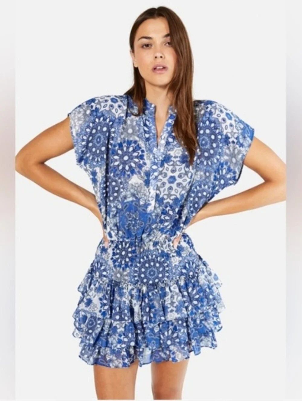Misa Blue White Floral Tiered Skirt Minidress Women’s Sz Small
